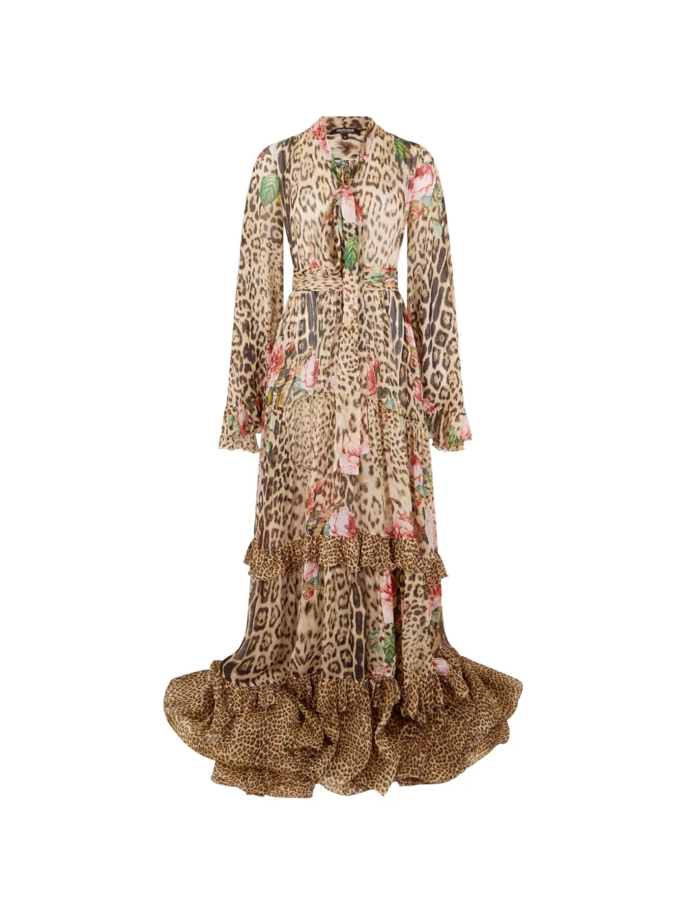 Roberto Cavalli jaguar-print tiered maxi dress - Neutrals