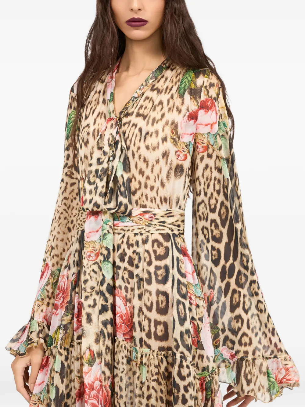 Roberto Cavalli Gelaagde maxi-jurk met jaguarprint Beige