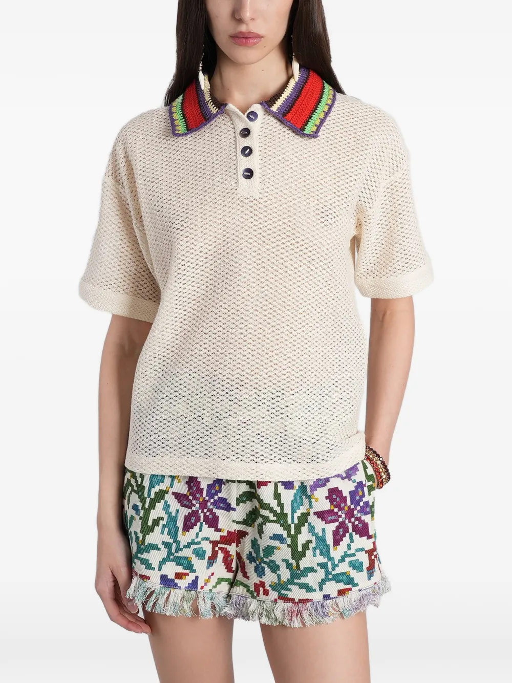 SIEDRES crochet-collar open-knit polo shirt - Toni neutri
