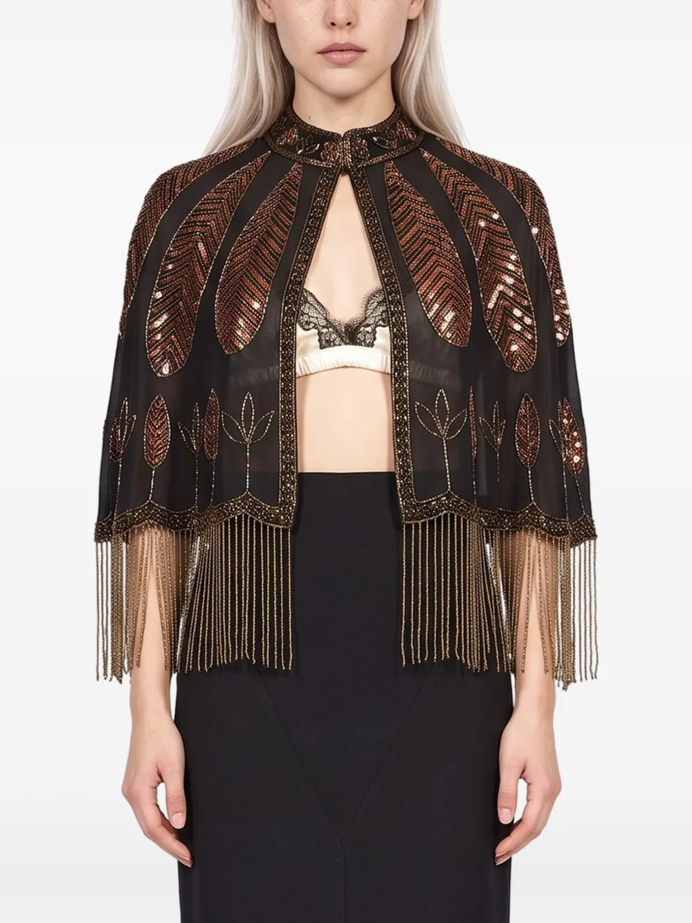 Forte sequin-embellished fringed cape Zwart