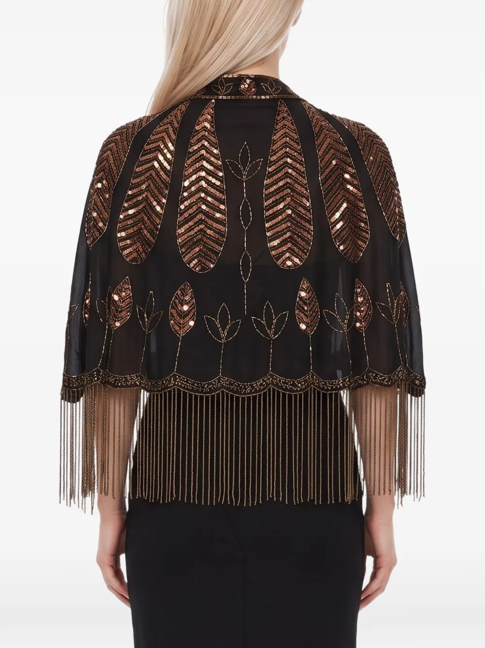 Forte sequin-embellished fringed cape Zwart