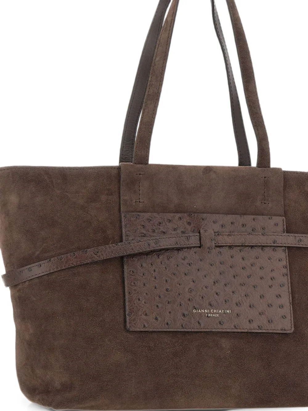 GIANNI CHIARINI Belty suède schoudertas met struisvogeleffect Bruin
