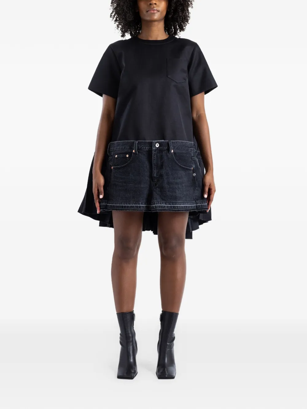 sacai Hybrid asymmetrische geplooide denim jurk Zwart
