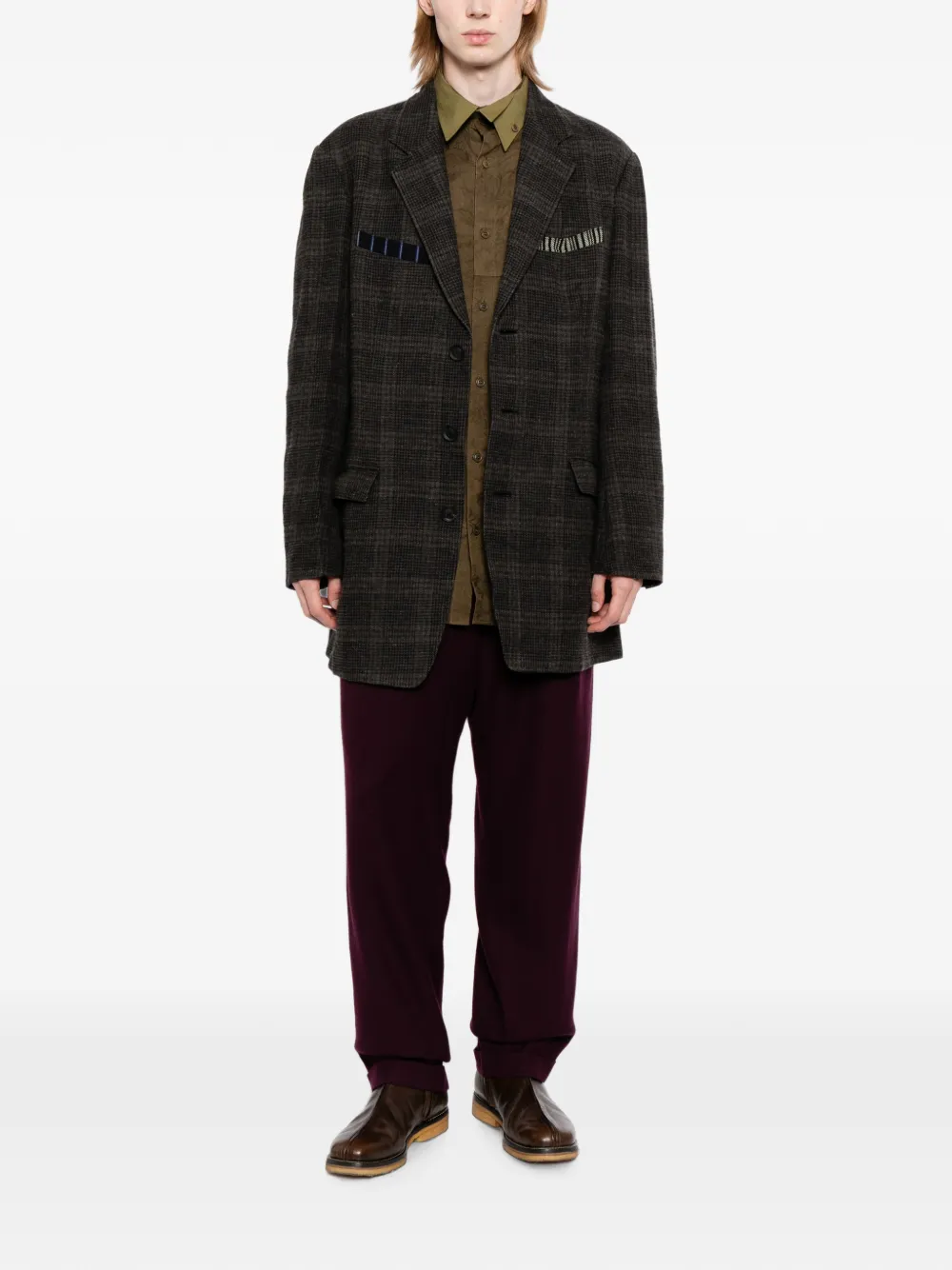 Yohji Yamamoto Geruite blazer met zak Bruin