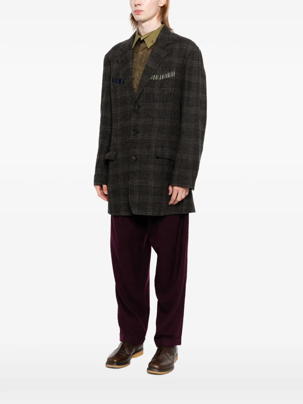 Yohji Yamamoto Geruite blazer met zak Bruin