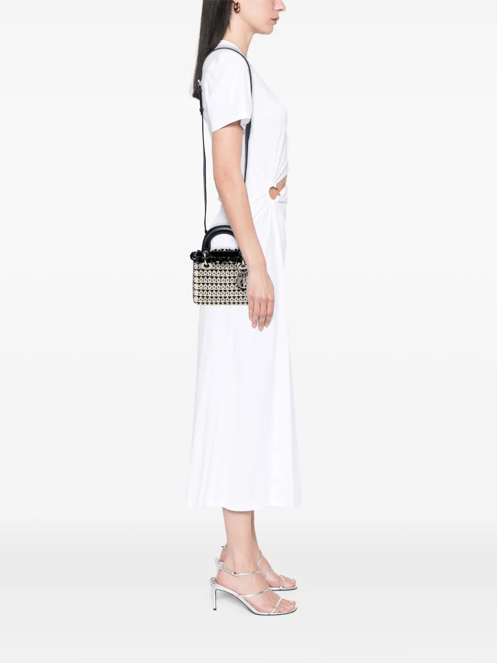  Christian Dior Pre-owned Mini Sac à Bandoulière Lady Dior En Toile à Perle Et Sequins (2014) - Blanc 