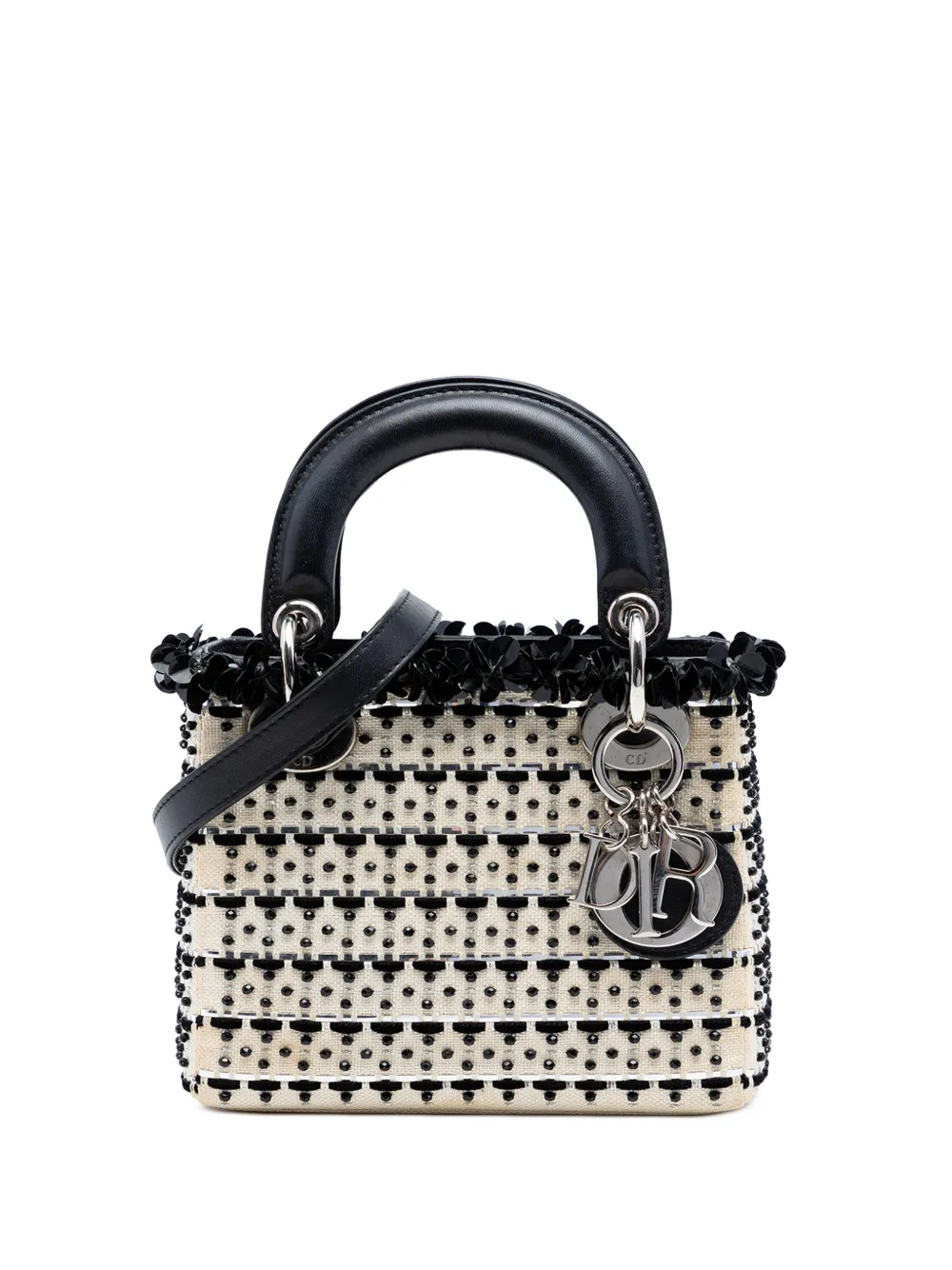 Christian Dior Pre-Owned 2014 Mini Canvas Bead and Sequin Embellished Lady Dior satchel - Bianco