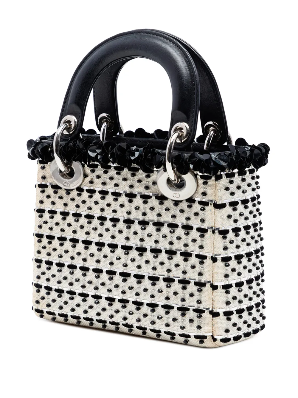  Christian Dior Pre-owned Mini Sac à Bandoulière Lady Dior En Toile à Perle Et Sequins (2014) - Blanc 