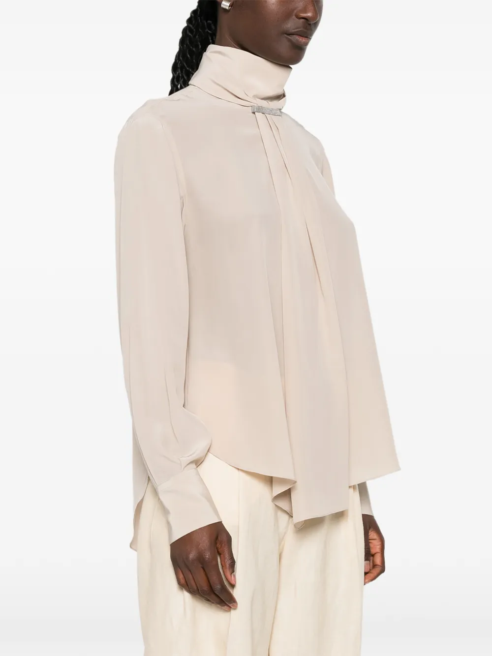 Brunello Cucinelli Blouse met hoge hals en Monili-verfraaiing Beige
