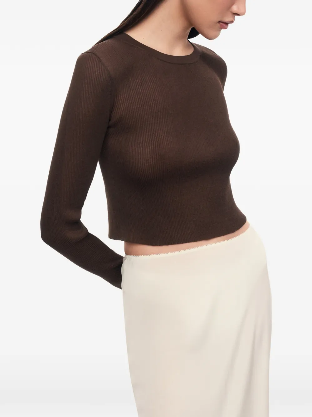 12 STOREEZ Lattice ribgebreide cropped trui Bruin
