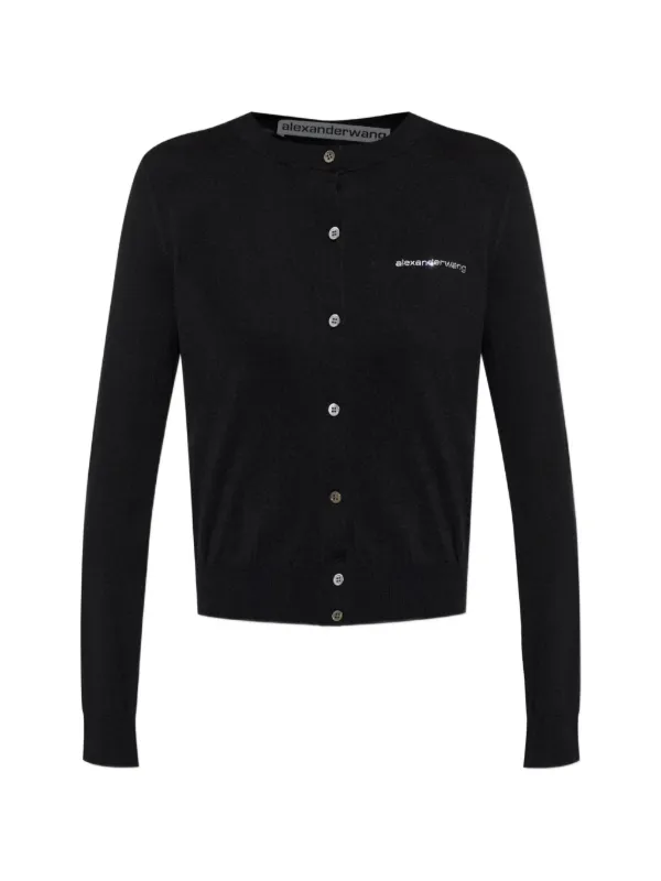 Alexander Wang Crystal Hotfix Logo Crewneck Cardigan in Black