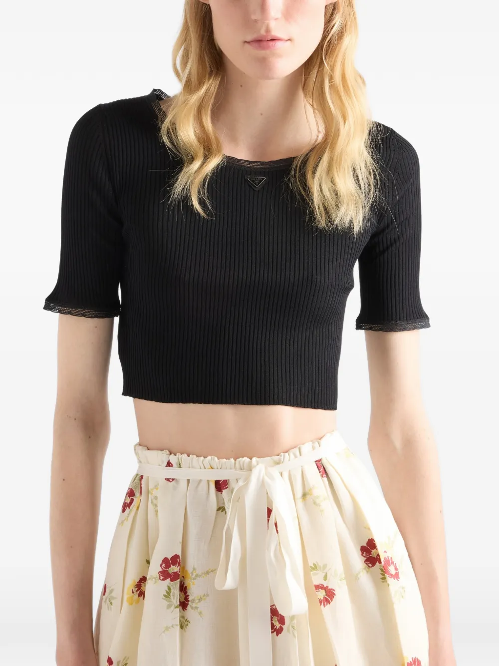 Prada Geribbeld katoenen cropped T-shirt Zwart