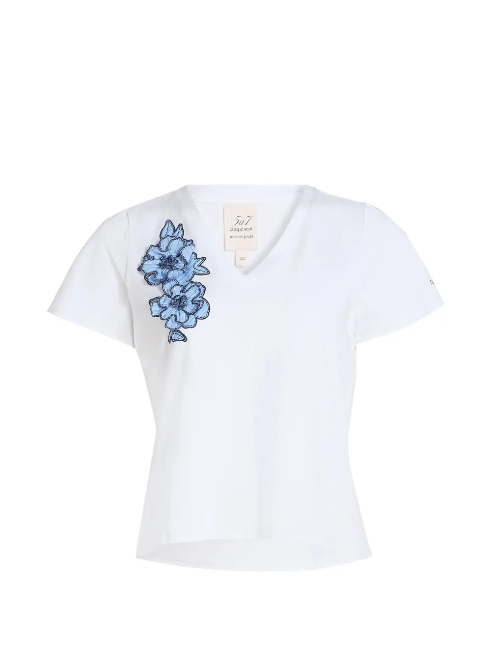 Cinq A Sept floral-applique V-neck T-shirt - Bianco