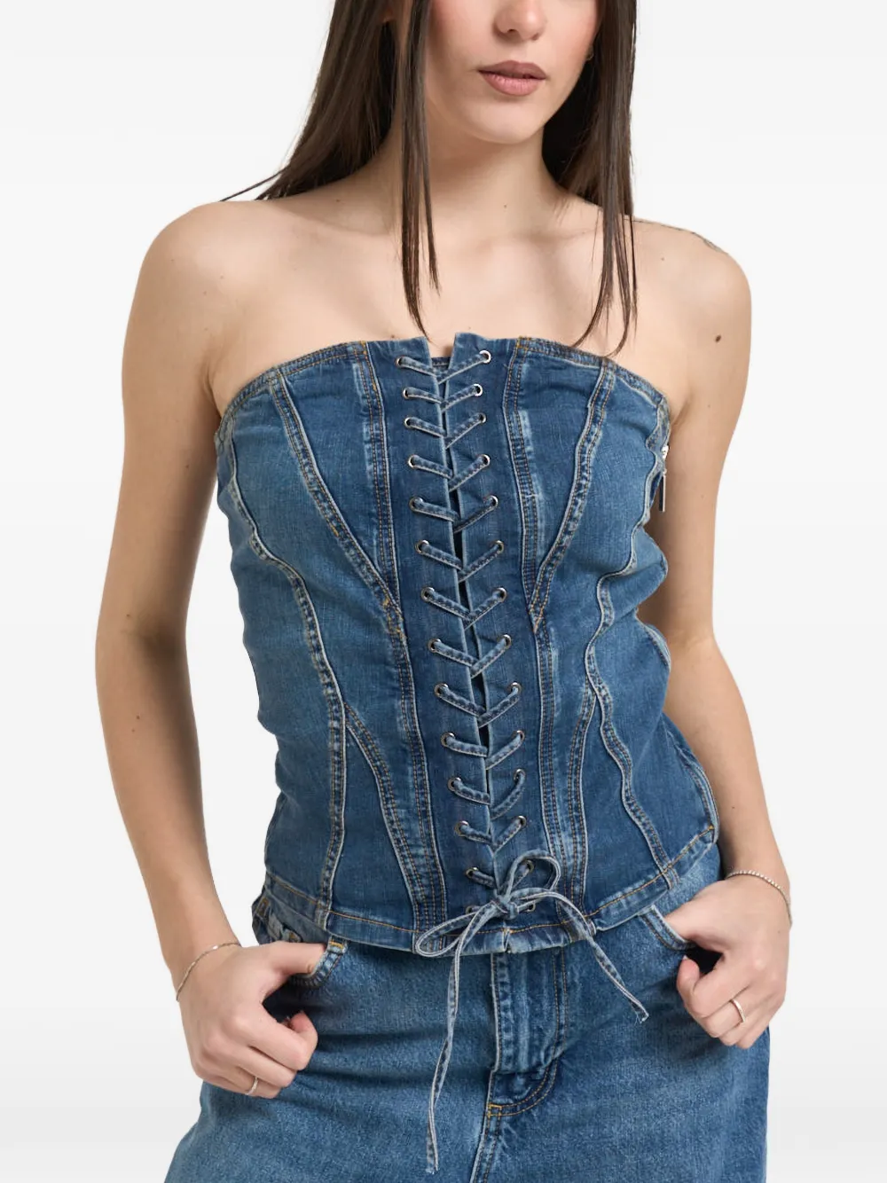LIU JO lace-up strapless bustier top - Blu