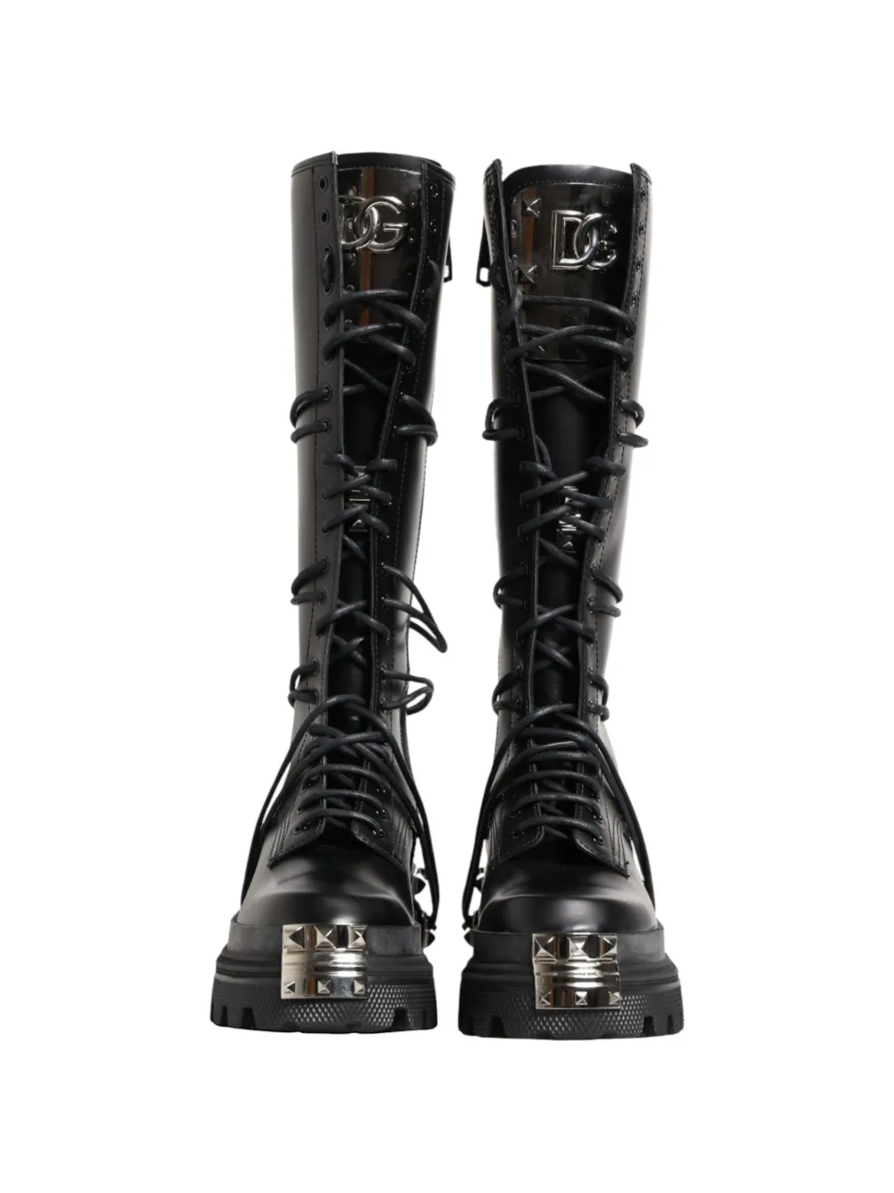 Dolce & Gabbana logo-plaque studded combat boots Zwart