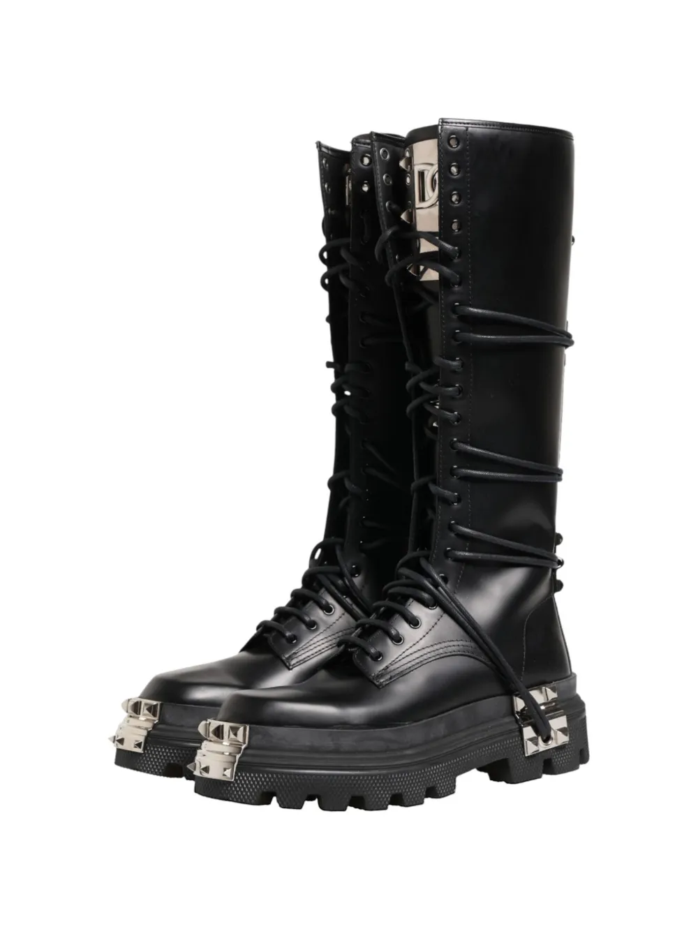 Dolce & Gabbana logo-plaque studded combat boots Zwart