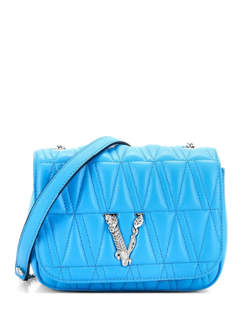 Versace Pre-Owned Virtus Chain Flap Shoulder Bag Quilted Leather Mini crossbody bag - Blu