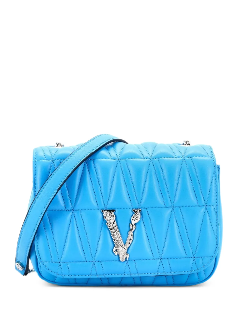 Versace Pre-Owned Virtus Chain Flap Shoulder Bag Quilted Leather Mini crossbody bag - Blu