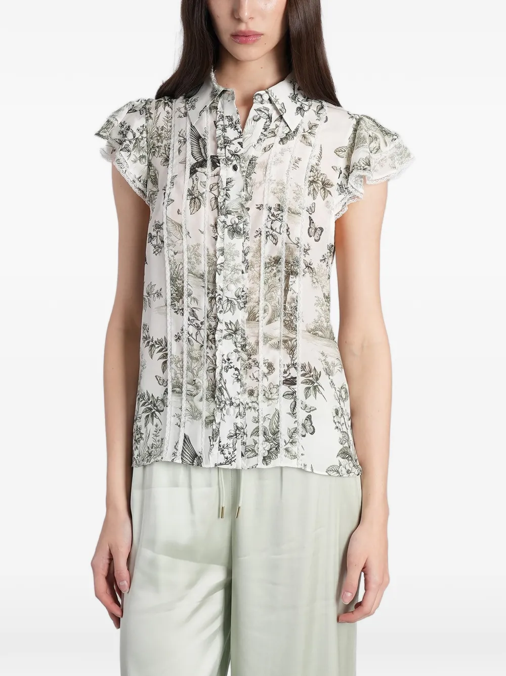 alice + olivia floral-print ruffled blouse - Bianco