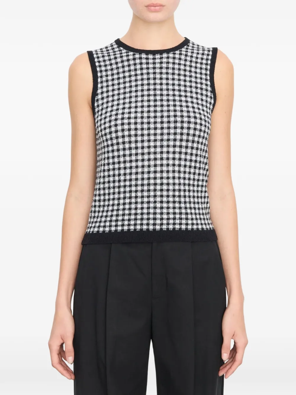 Vince Gingham Rib-knit Tank Top In Brown