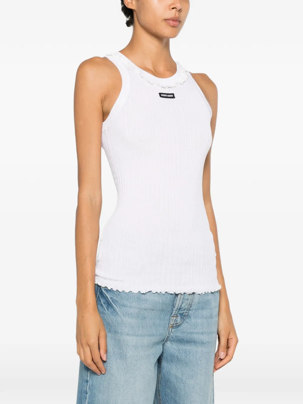 Miu Ribgebreide zijden tanktop met ruches Wit