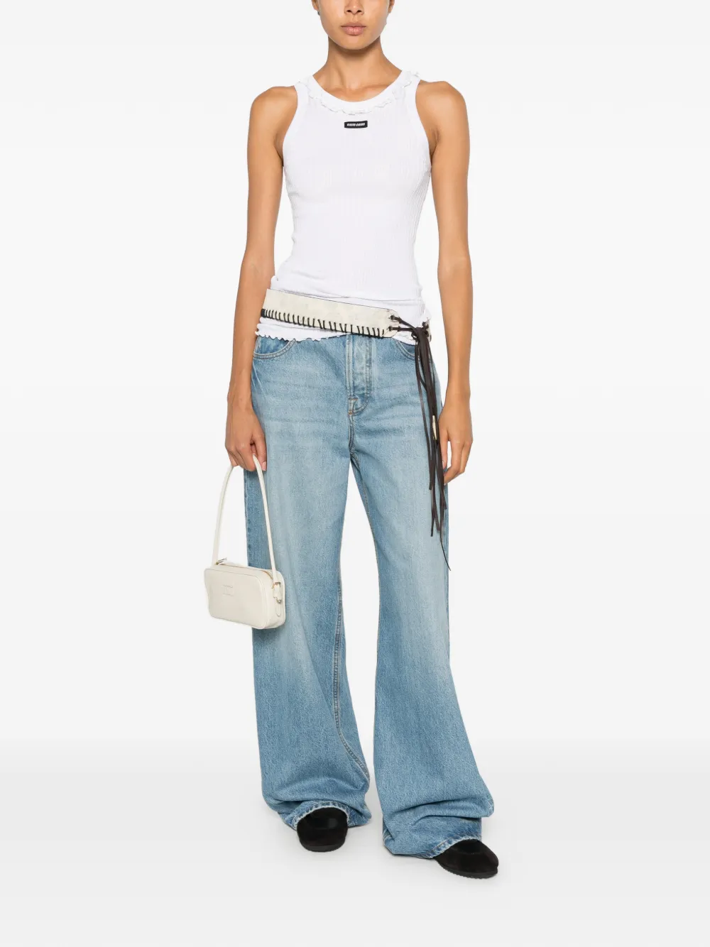 Miu Ribgebreide zijden tanktop met ruches Wit
