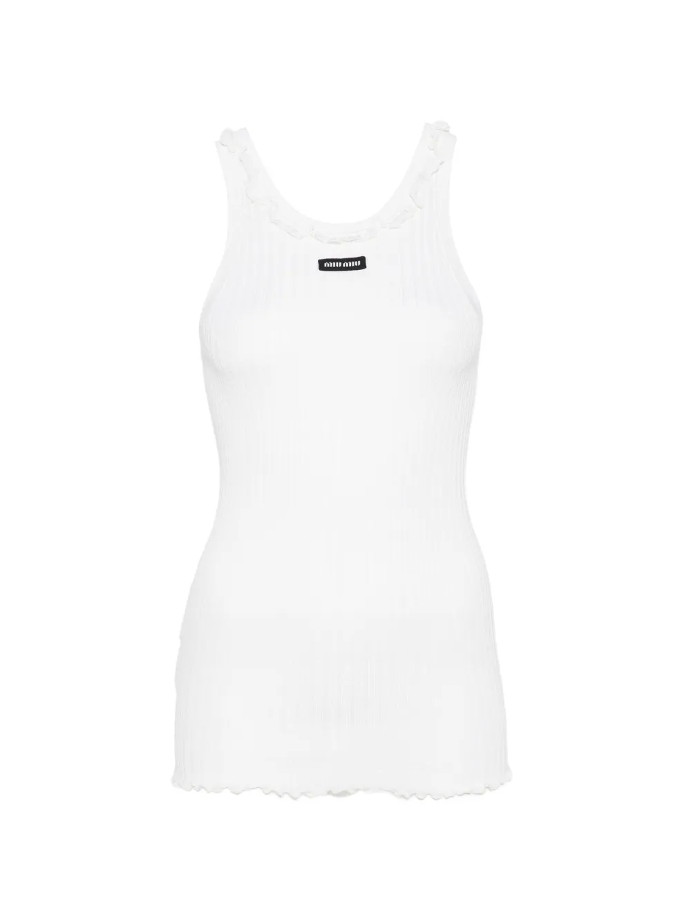 Miu Miu ruffle-trim ribbed-knit silk tank top - Weiß