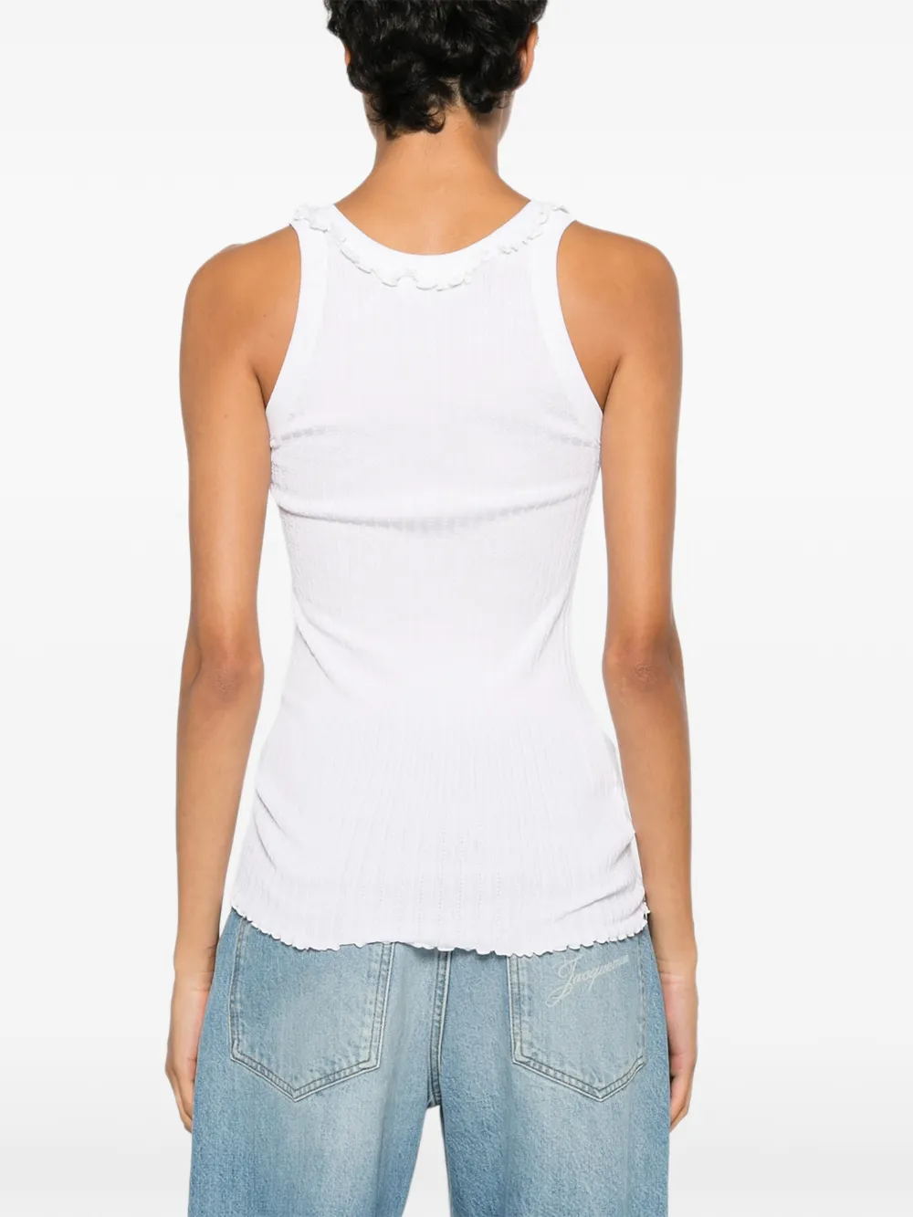 Miu Ribgebreide zijden tanktop met ruches Wit