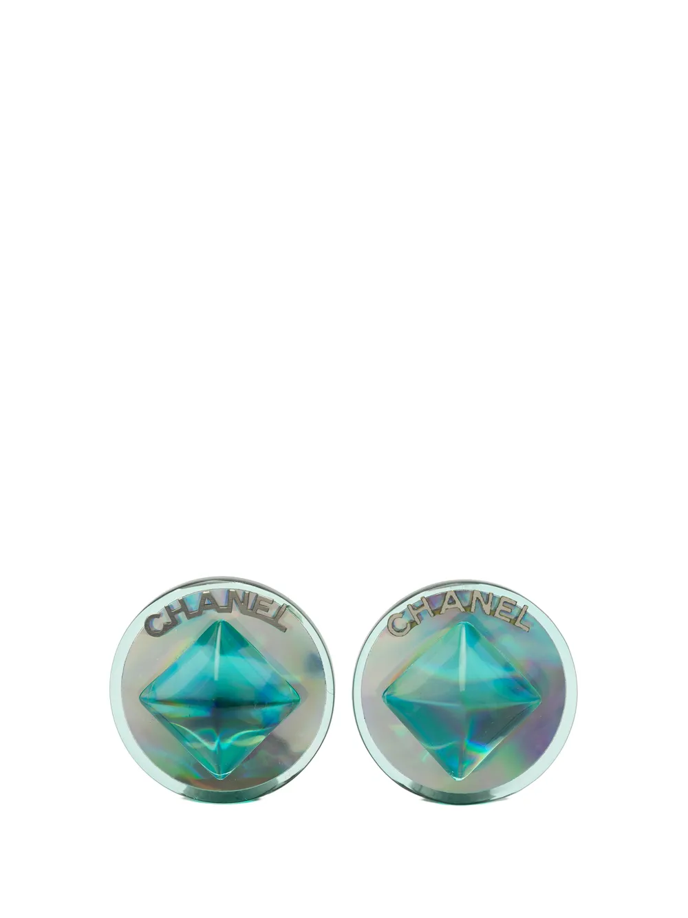 CHANEL Pre-Owned 2000 Brass and Resin Logo Aurora Round Pyramid Clip on Earrings costume earrings - Blu
