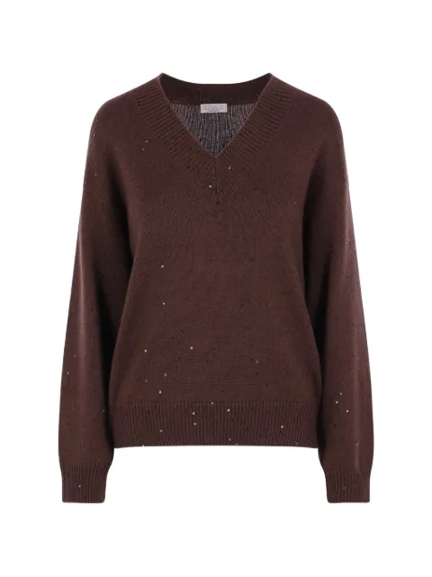 Brunello Cucinelli sweater med pailletudsmykning og V-hals