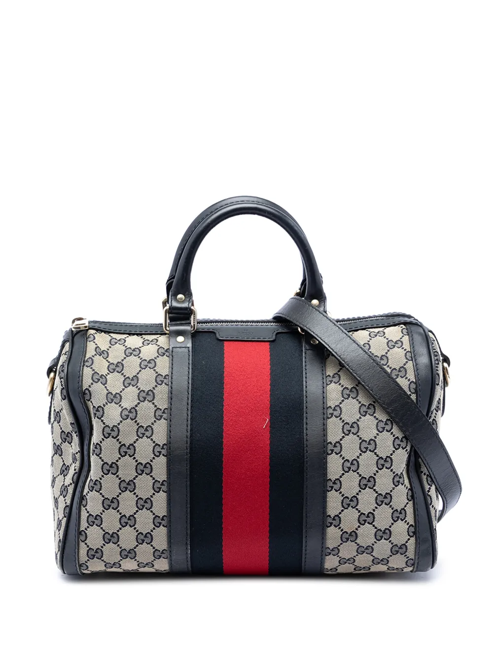 Pre-owned Gucci 2016-2026 Medium Gg Canvas Web Joy Boston Bag Satchel In Black