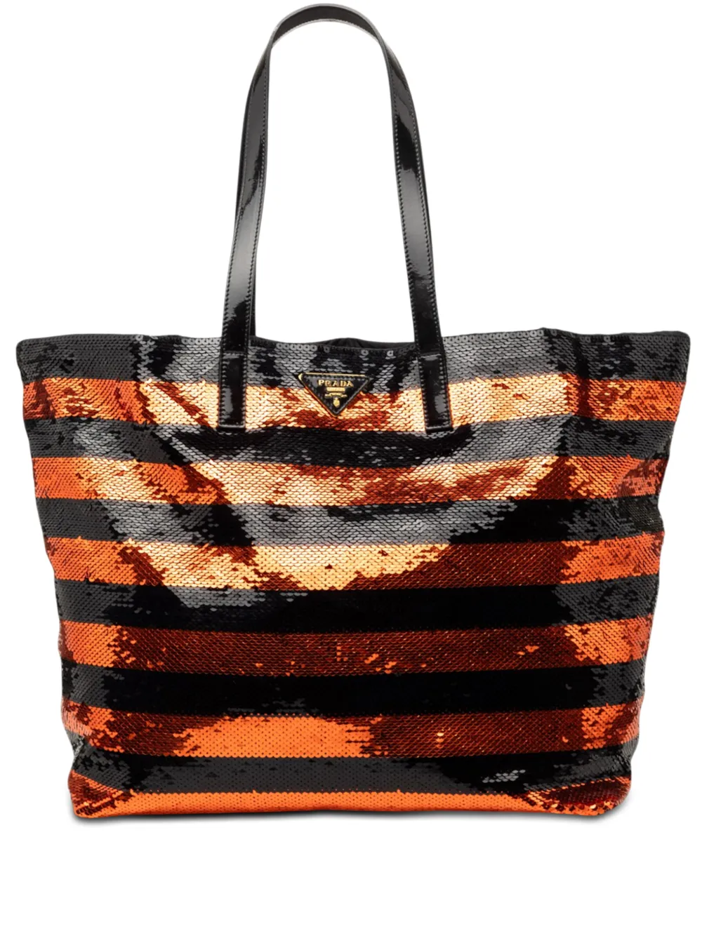 Pre-owned Prada 2010-2026 Satin Sequin Stripes Tote Bag In Orange