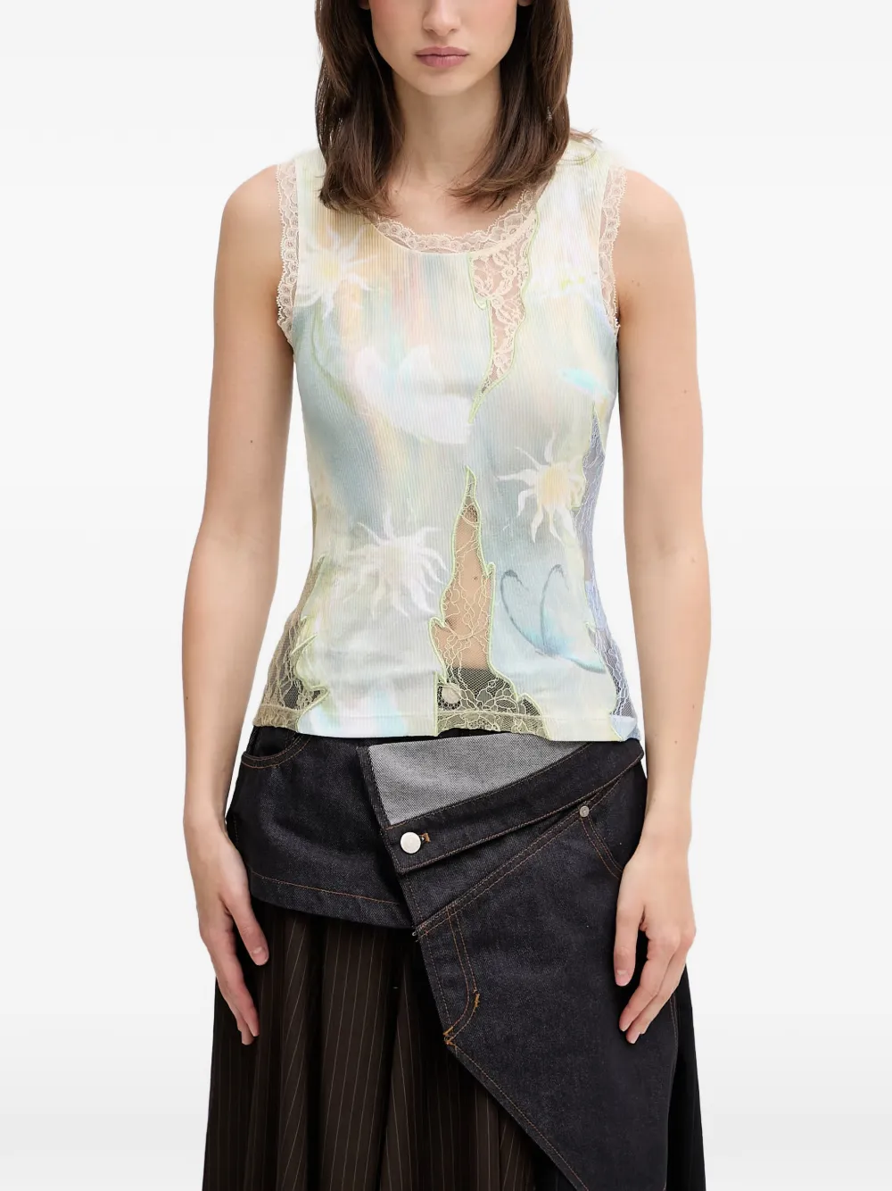 Andersson Bell Top met kanten afwerking en grafische print Beige
