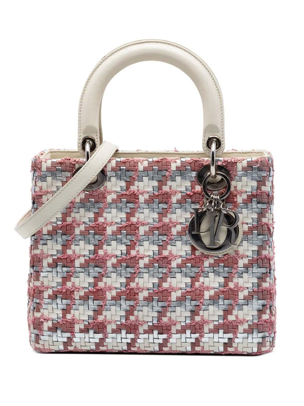 Christian Dior Pre-Owned 2013 Medium Woven Lambskin and Tweed Lady Dior satchel - Bianco