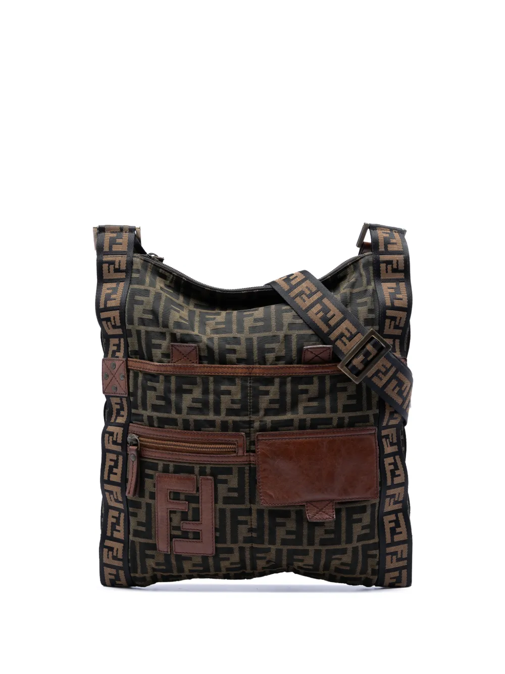 Pre-owned Fendi 2000-2010 Zucca Canvas Ff Flat Messenger Bag Crossbody Bag In Brown