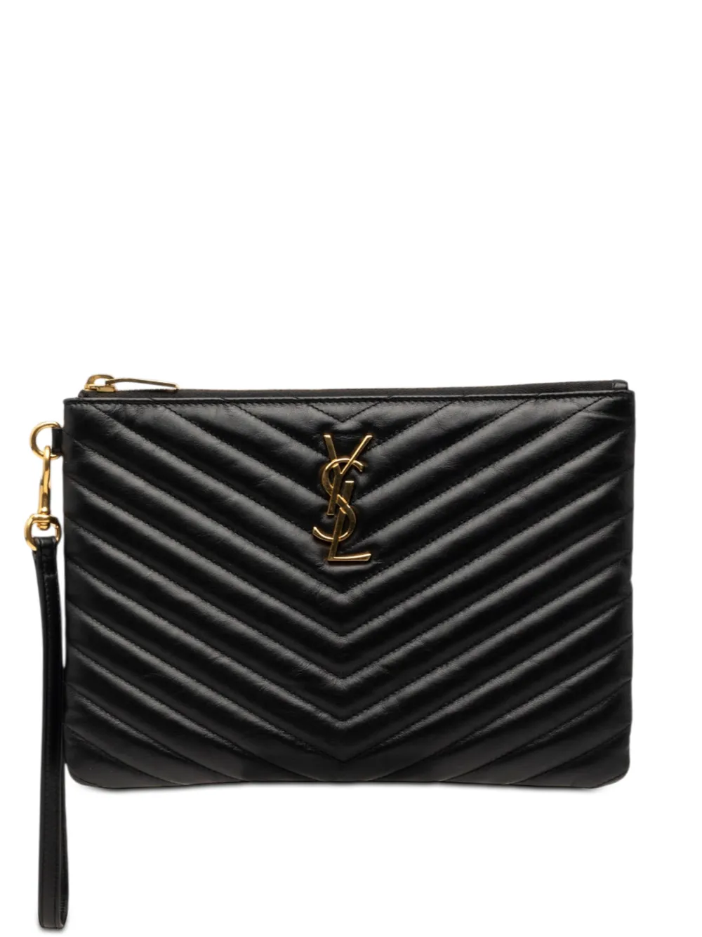 Saint Laurent Pre-Owned 2016 Chevron Leather Monogram Zip A5 Wristlet Pouch clutch bag - Black