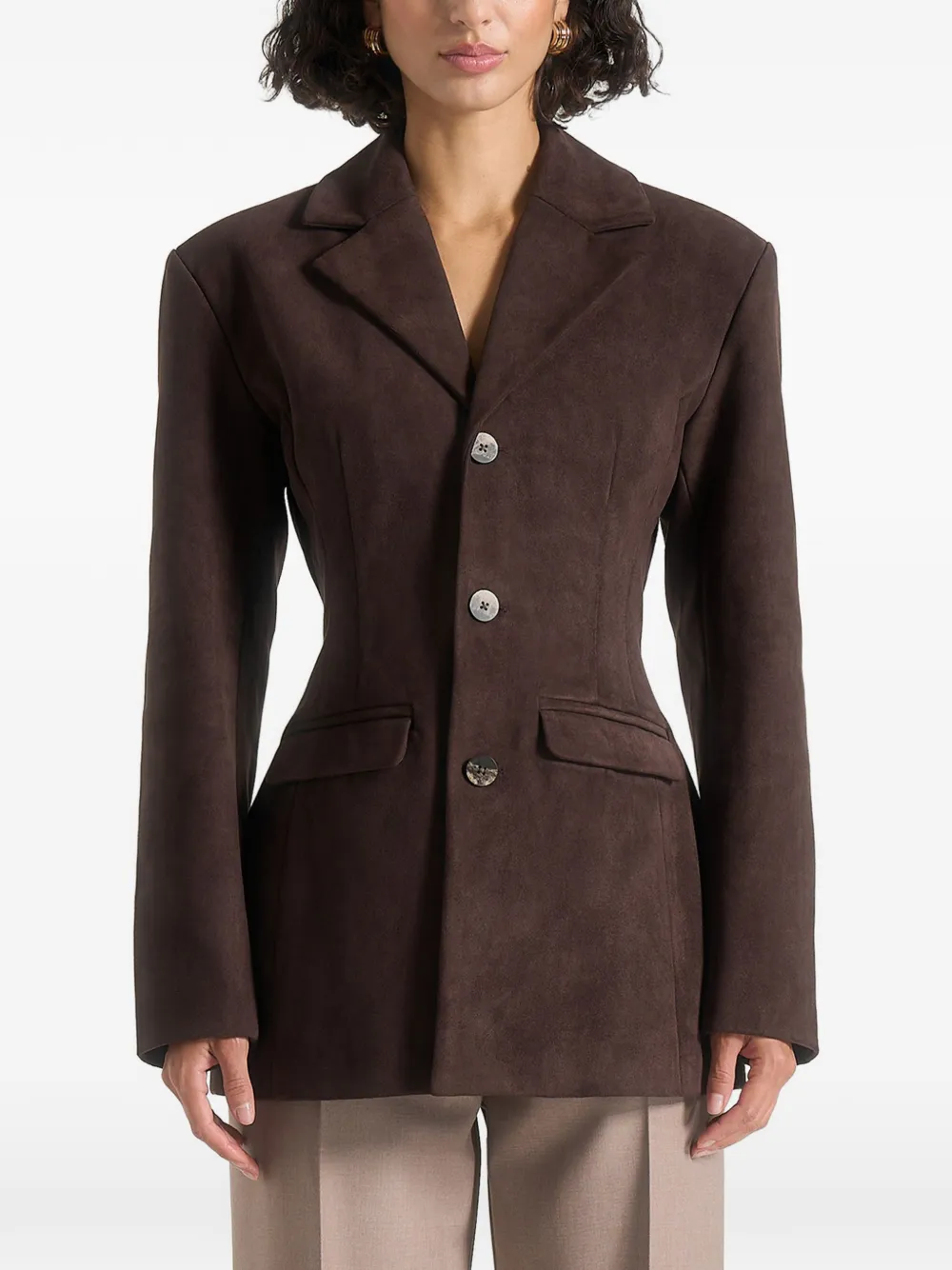 Manière De Voir Claire suède asymmetrische blazer met brede schouders Bruin