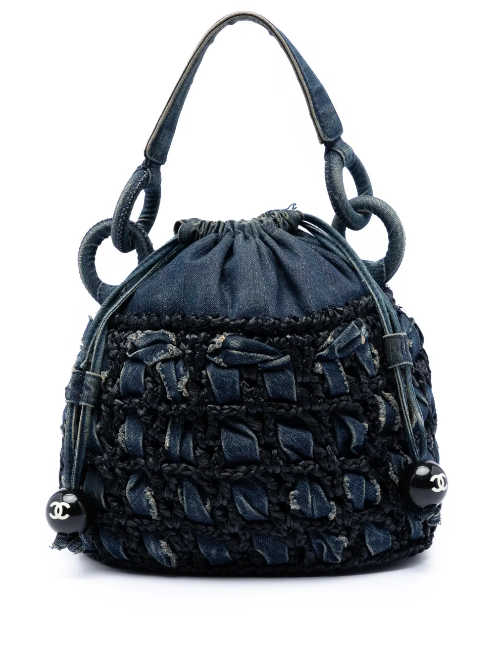 CHANEL Pre-Owned 2005-2006 CC Woven Denim and Raffia Drawstring bucket bag - Blu