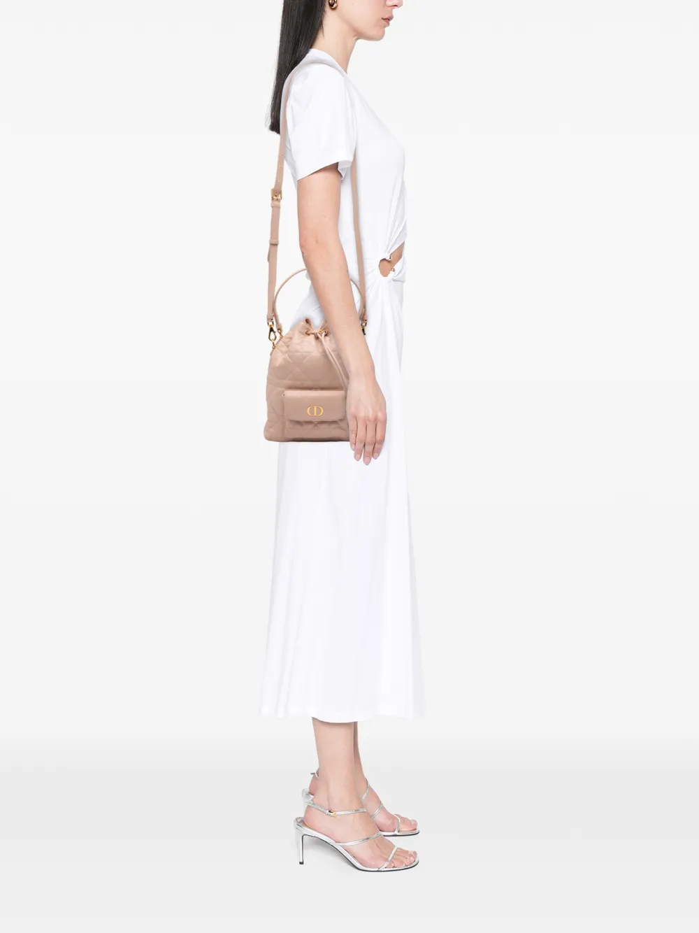 Dior Pre-owned 2025 Small Lambskin Macrocannage Caro Bucket Bag Satchel in Brown, view 2