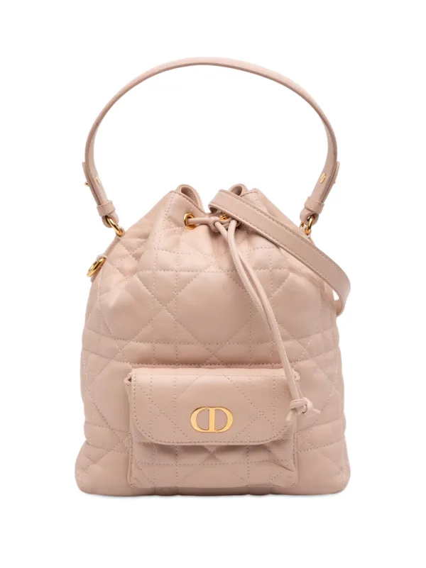 Dior Pre-owned 2025 Small Lambskin Macrocannage Caro Bucket Bag Satchel in Brown