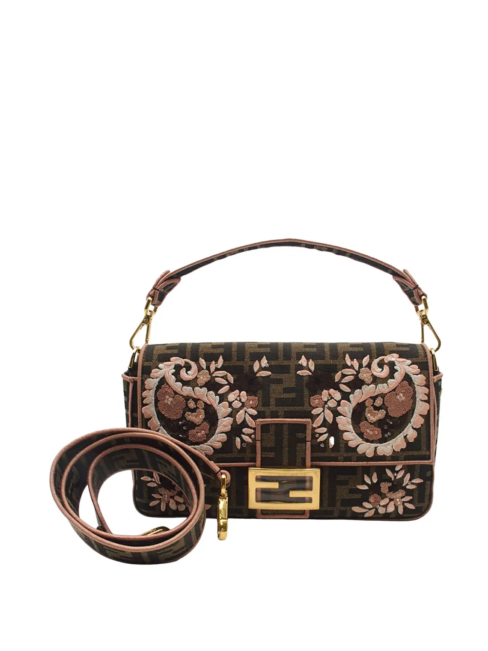 Pre-owned Fendi 2020-2026 Zucca Embroidered Canvas Paisley Baguette Satchel In Brown