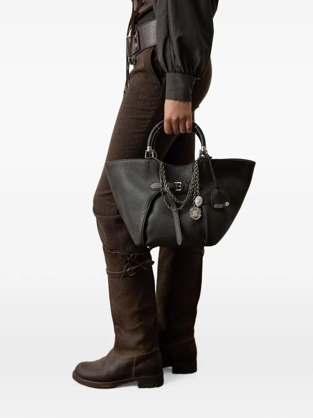 Ralph Lauren Collection Kleine leren shopper met kettingafwerking Zwart