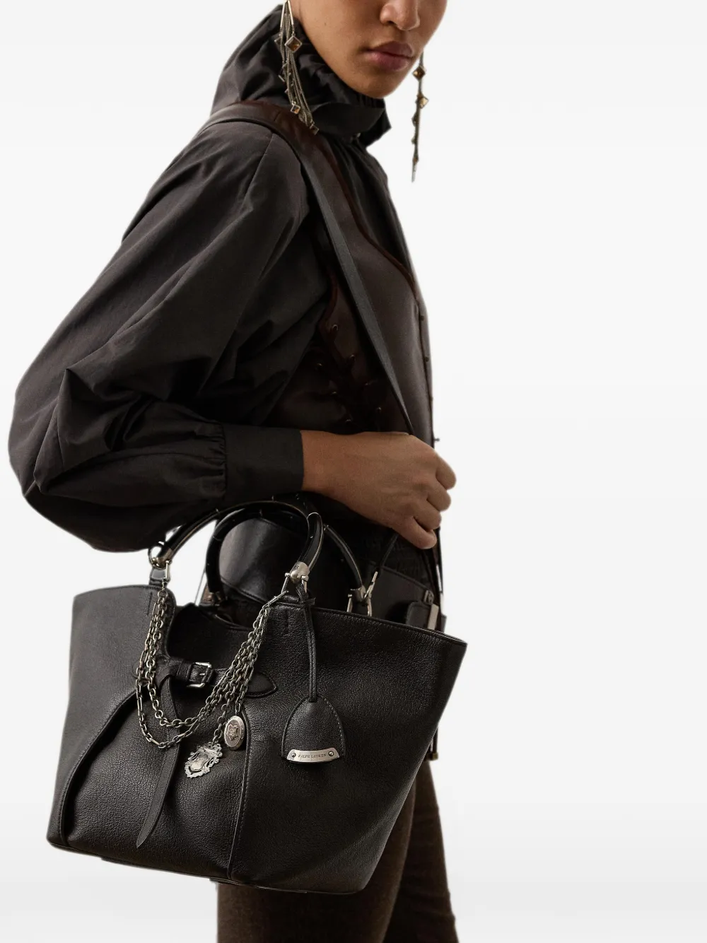 Ralph Lauren Collection Kleine leren shopper met kettingafwerking Zwart