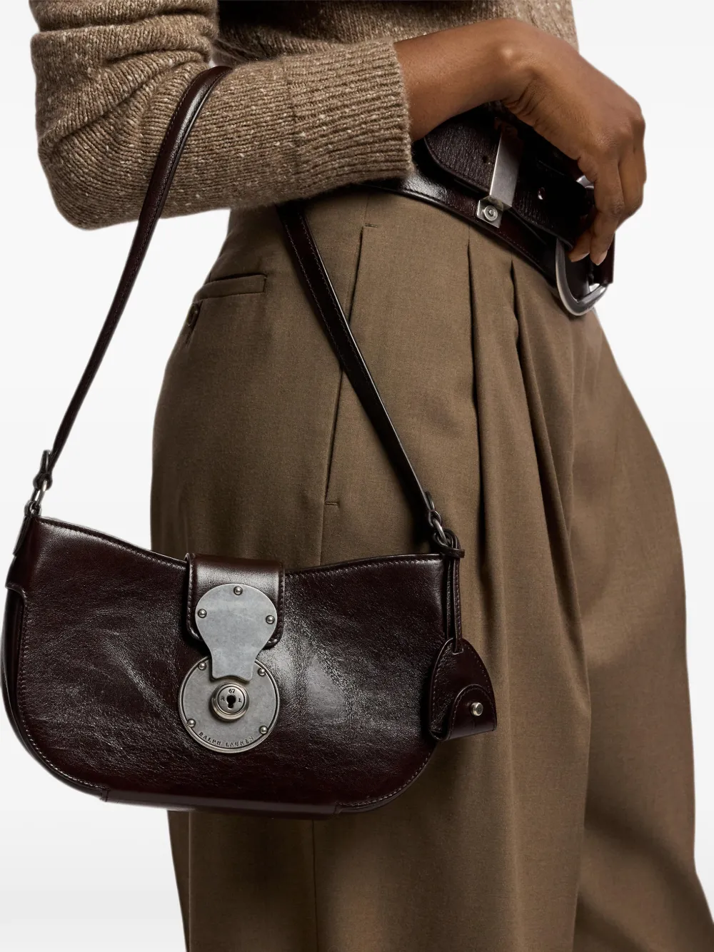 Ralph Lauren Collection Small Ricky Washed Leather Shoulder Bag in Brown, view 2