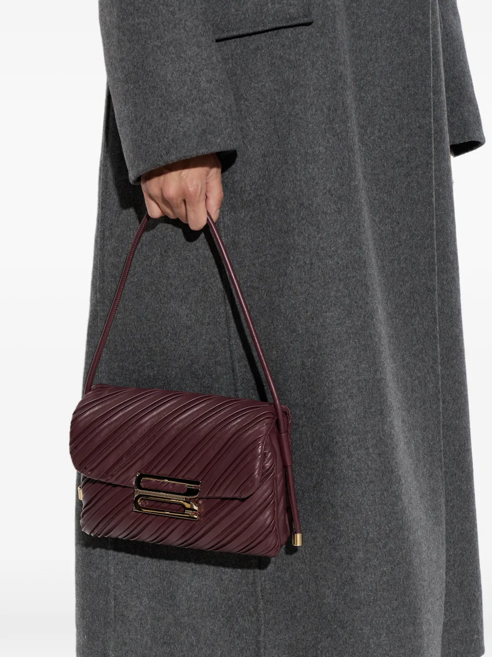 Victoria Beckham Soft Dorian Pleated Leather Shoulder Bag in Brown, view 2