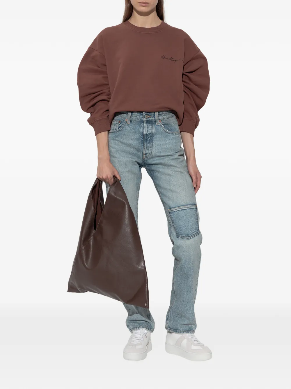 MM6 Maison Margiela Sweater met logoprint en gerafelde rand Bruin