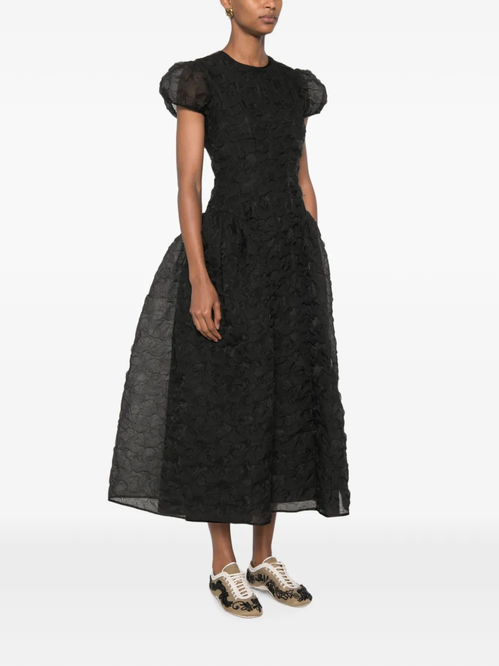 Cecilie Bahnsen midi-jurk met pofmouwen en textuur Zwart