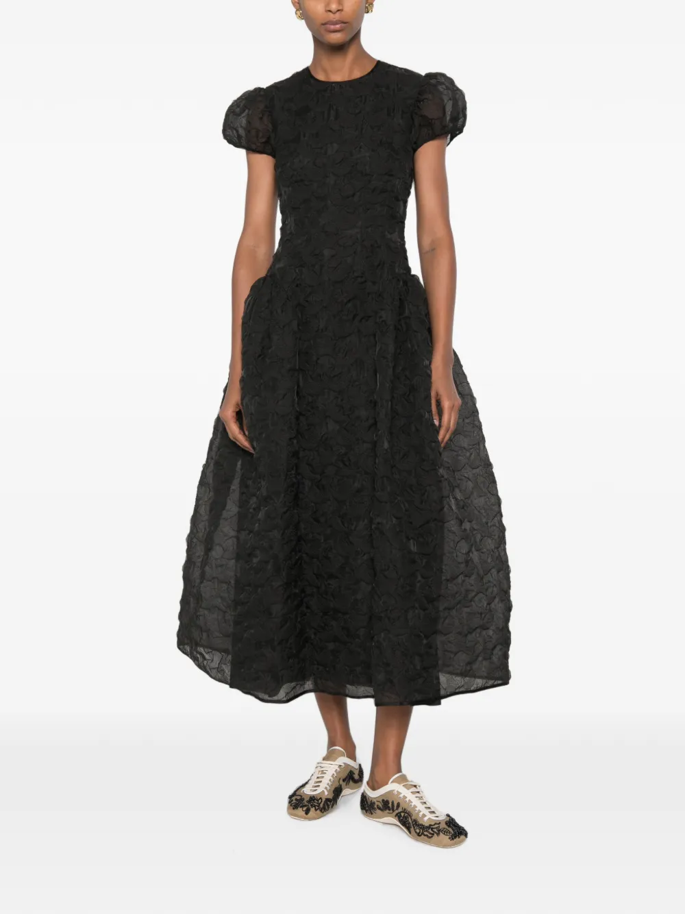 Cecilie Bahnsen midi-jurk met pofmouwen en textuur Zwart