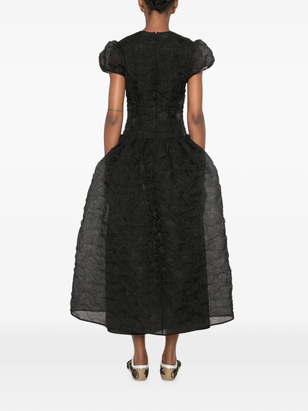 Cecilie Bahnsen midi-jurk met pofmouwen en textuur Zwart