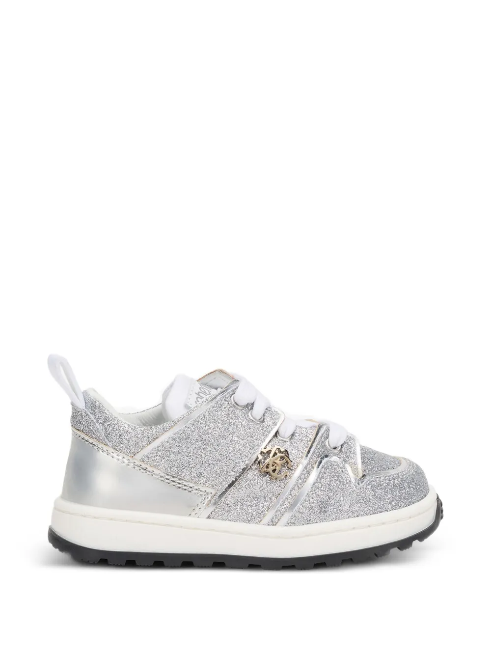 Roberto Cavalli Junior glitter-effect logo-plaque sneakers Zilver